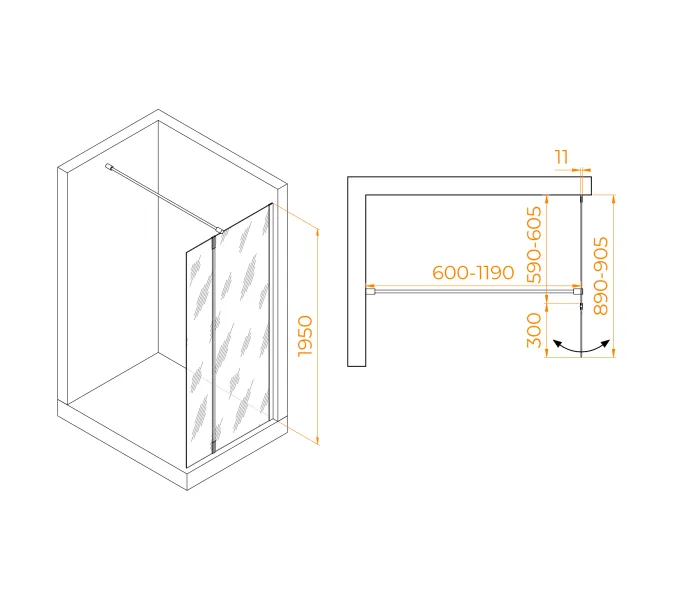 Душевая перегородка RGW WA-050B (WA-002B + Z-070B), Цвет стекла: прозрачное, Цвет профиля (вариация): Черный, Выбрать размер: 60, изображение 2