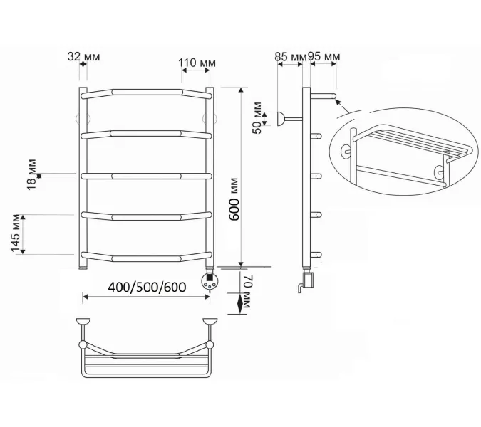 Полотенцесушитель латунный Secado Агата 3, с полочкой , электрический L/R бронза, Выбрать размер: 40х60, Ориентация: левая, изображение 5