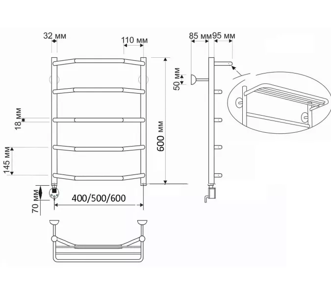 Полотенцесушитель латунный Secado Агата 3, с полочкой , электрический L/R бронза, Выбрать размер: 40х60, Ориентация: левая, изображение 4