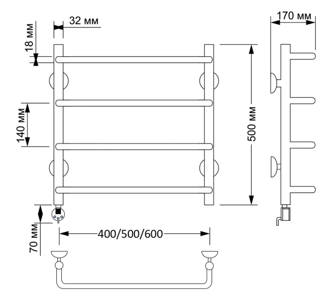 Полотенцесушитель латунный Secado Мерида 1 электрический L/R  бронза, Выбрать размер: 40х60, Ориентация: левая, изображение 4