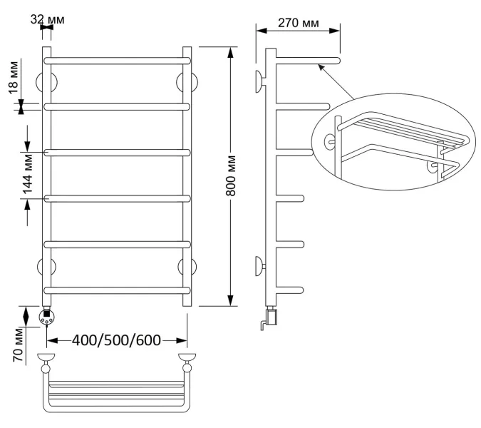Полотенцесушитель латунный Secado Мерида 2 , с полочкой , электрический L/R  бронза, Выбрать размер: 40х80, Ориентация: левая, изображение 4
