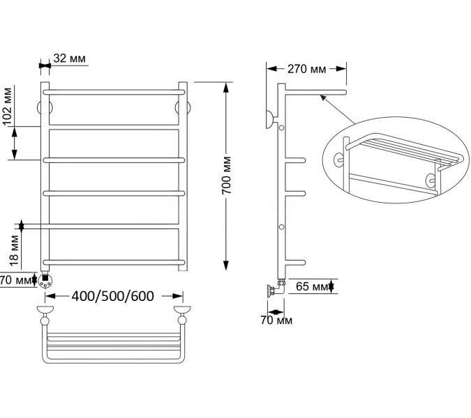 Полотенцесушитель латунный Secado Верона 2 , с полочкой , электрический L/R бронза, Выбрать размер: 40х70, Ориентация: левая, изображение 4