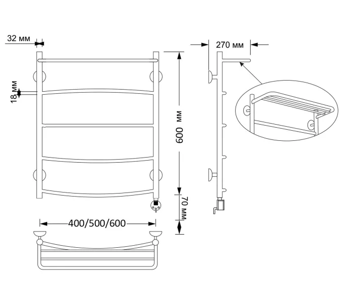 Полотенцесушитель латунный Secado Милан 4, сполочкой , электрический L/R  бронза, Выбрать размер: 40х60, Ориентация: левая, изображение 5