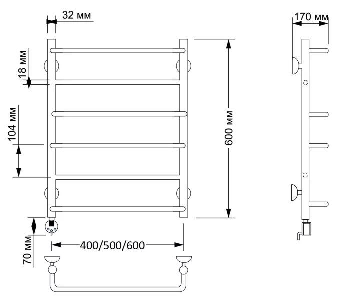 Полотенцесушитель латунный Secado Верона 1 электрический L/R  бронза, Выбрать размер: 40х60, Ориентация: левая, изображение 4