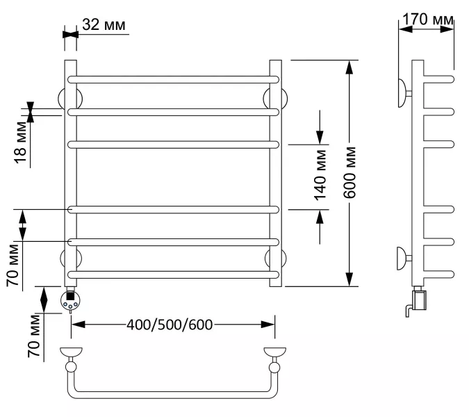 Полотенцесушитель латунный Secado Мерида 3 электрический L/R  бронза, Выбрать размер: 40х60, Ориентация: левая, изображение 4