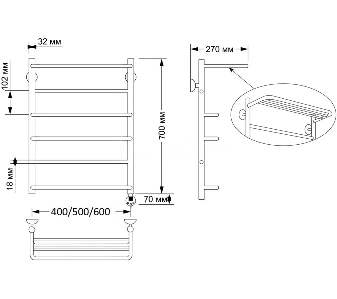 Полотенцесушитель латунный Secado Верона 2 , с полочкой , электрический L/R бронза, Выбрать размер: 40х70, Ориентация: левая, изображение 5