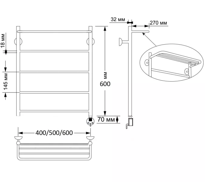 Полотенцесушитель латунный Secado Триада 4 , с полочкой , электрический L/R  бронза, Выбрать размер: 40х60, Ориентация: левая, изображение 5