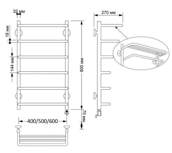 Полотенцесушитель латунный Secado Мерида 2 , с полочкой , электрический L/R  бронза, Выбрать размер: 40х80, Ориентация: левая, изображение 5
