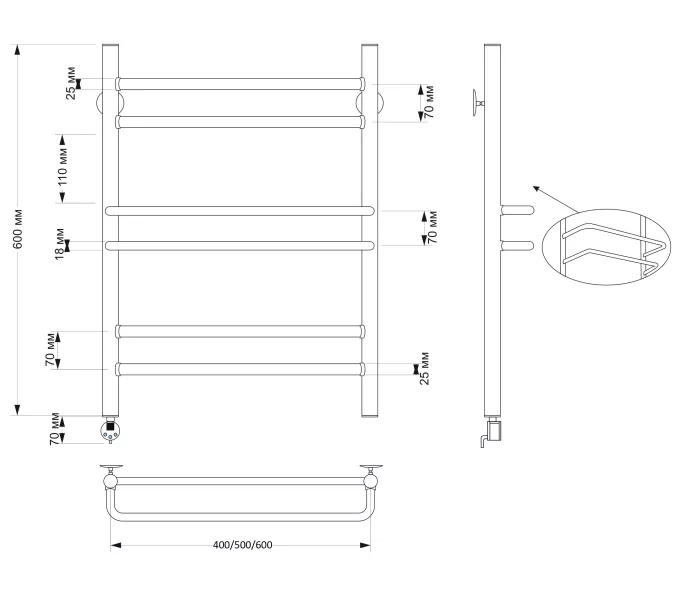 Полотенцесушитель латунный Secado Триест , электрический L/R  бронза, Выбрать размер: 40х60, Ориентация: левая, изображение 4