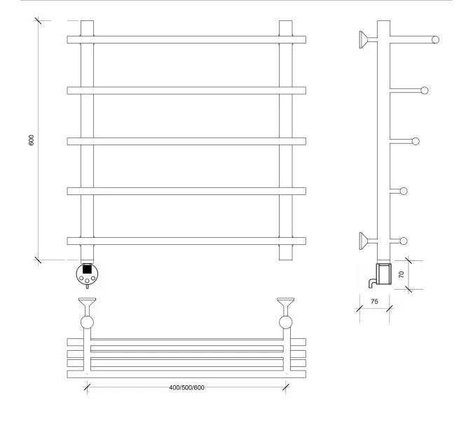 Полотенцесушитель латунный Secado Турин 6 , с полочкой , электрический L/R  бронза, Выбрать размер: 50х60, Ориентация: левая, изображение 4