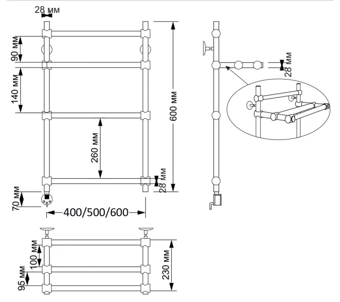 Полотенцесушитель латунный Secado Флоренция 3 электрический L/R  бронза, Выбрать размер: 40х60, Ориентация: левая, изображение 5