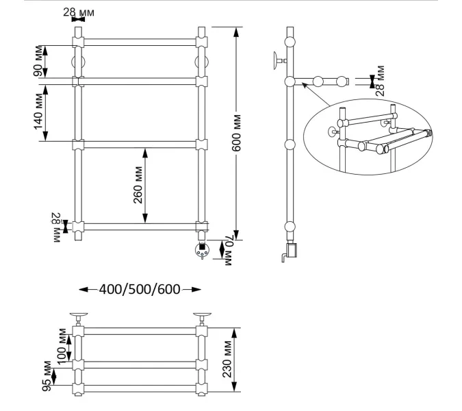 Полотенцесушитель латунный Secado Флоренция 3 электрический L/R  бронза, Выбрать размер: 40х60, Ориентация: левая, изображение 6