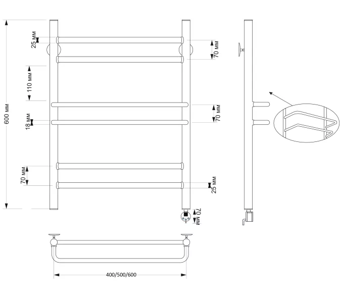 Полотенцесушитель латунный Secado Триест , электрический L/R  бронза, Выбрать размер: 40х60, Ориентация: левая, изображение 5