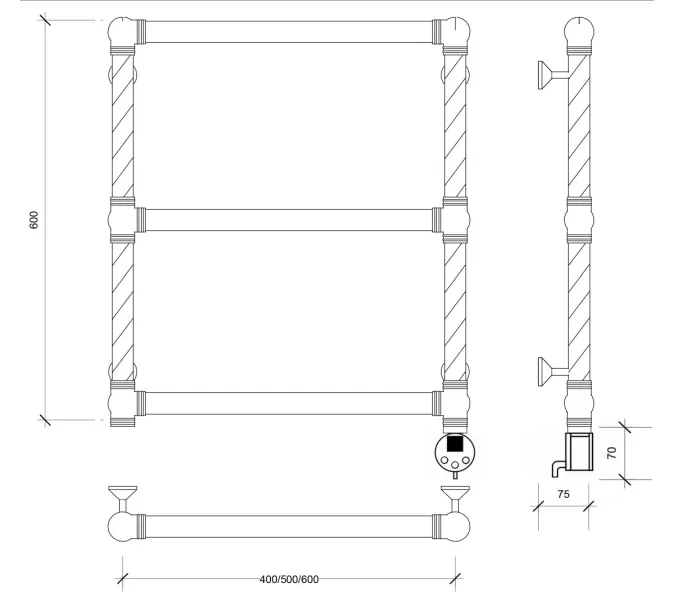 Полотенцесушитель латунный Secado Фалерони 1 Trenza  электрический L/R  бронза, Выбрать размер: 40х60, Ориентация: левая, изображение 6