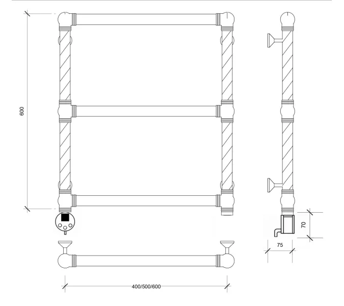 Полотенцесушитель латунный Secado Фалерони 1 Trenza  электрический L/R  бронза, Выбрать размер: 40х60, Ориентация: левая, изображение 5