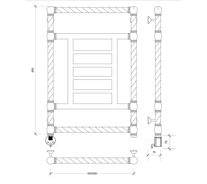 Полотенцесушитель латунный Secado Фалерони 3 Trenza  электрический L/R  бронза, Выбрать размер: 50х80, Ориентация: левая, изображение 4