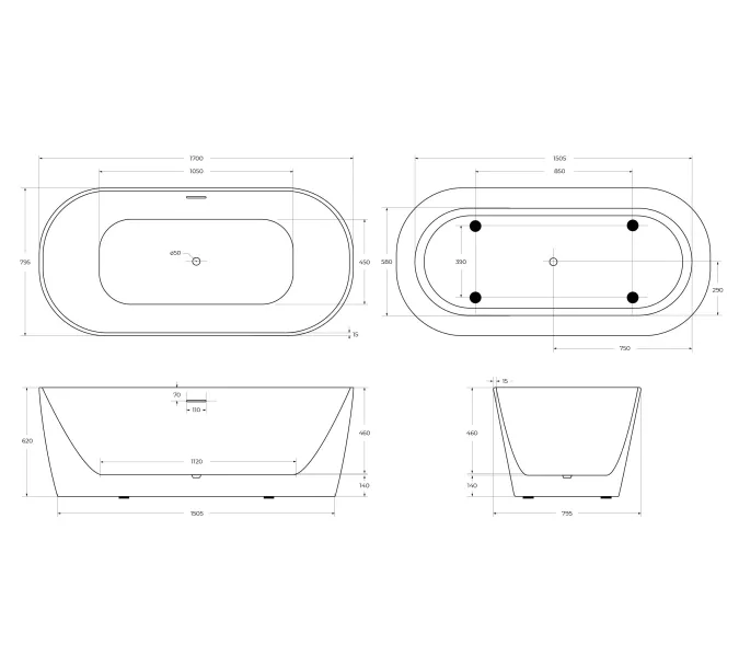 Акриловая ванна BELBAGNO BB415-1700-800, изображение 6