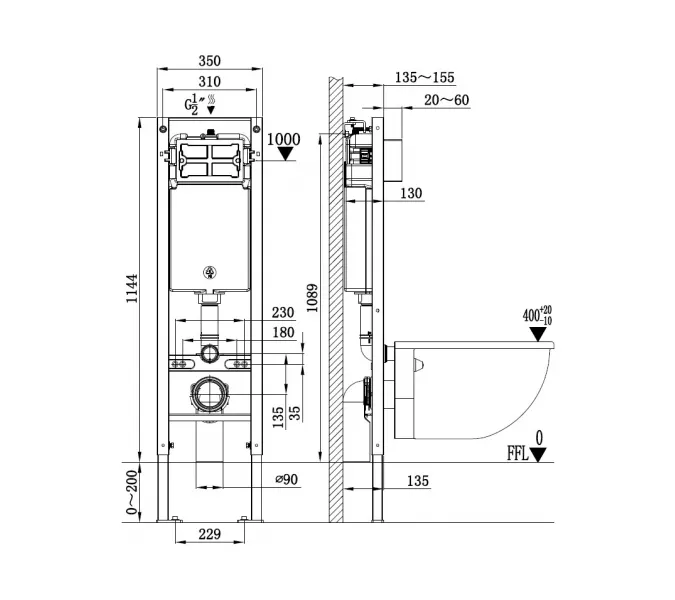 Инсталляция для подвесного унитаза WW AMBERG 350  без кнопки, изображение 2