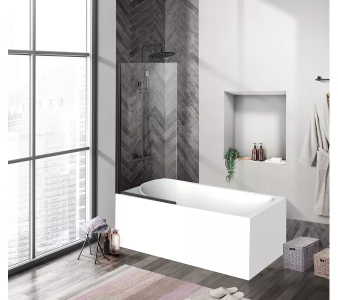 Душевая шторка на ванну BelBagno UNO-V-1-90/150-C-NERO, Цвет стекла: прозрачное, Цвет профиля: Черный, Выбрать размер: 90х150