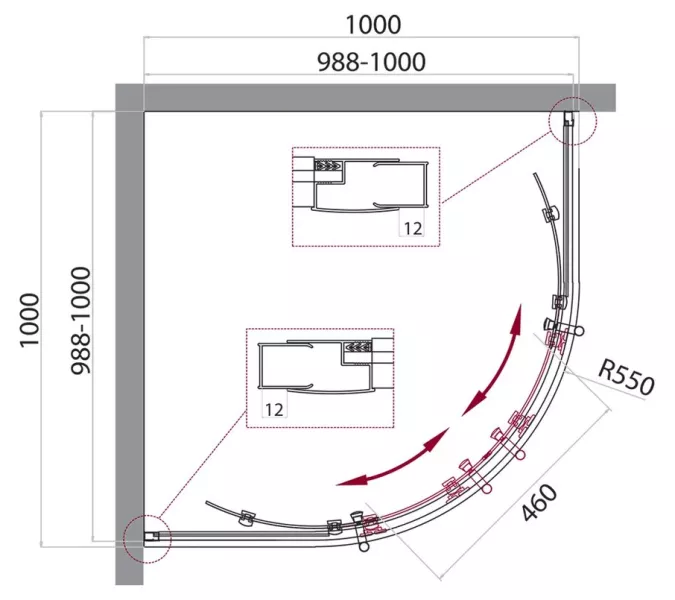 Душевой уголок BelBagno UNO-195-R-2-100-CH-CR, Цвет стекла: Матовое рифленое, Цвет профиля: Хром, Выбрать размер: 100х100, изображение 4