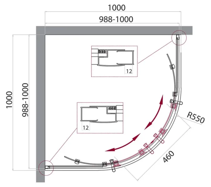 Душевой уголок BelBagno UNO-195-R-2-100-C-NERO, Цвет стекла: Прозрачный, Цвет профиля: Черный, Выбрать размер: 100х100, изображение 2