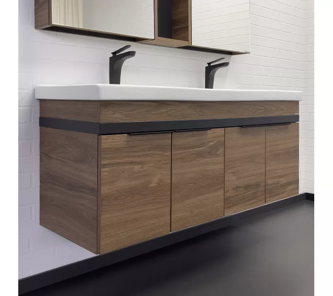 Тумба-умывальник Comforty Дуэт-125 дуб тёмно-коричневый с раковиной на две чаши Гармония 125