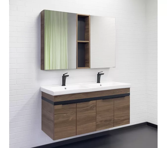 Тумба-умывальник Comforty Дуэт-125 дуб тёмно-коричневый с раковиной на две чаши Гармония 125, изображение 2