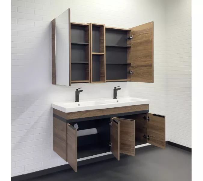 Тумба-умывальник Comforty Дуэт-125 дуб тёмно-коричневый с раковиной на две чаши Гармония 125, изображение 3