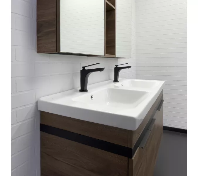 Тумба-умывальник Comforty Дуэт-125 дуб тёмно-коричневый с раковиной на две чаши Гармония 125, изображение 4