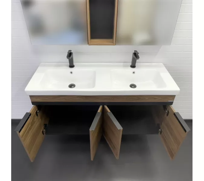 Тумба-умывальник Comforty Дуэт-125 дуб тёмно-коричневый с раковиной на две чаши Гармония 125, изображение 5