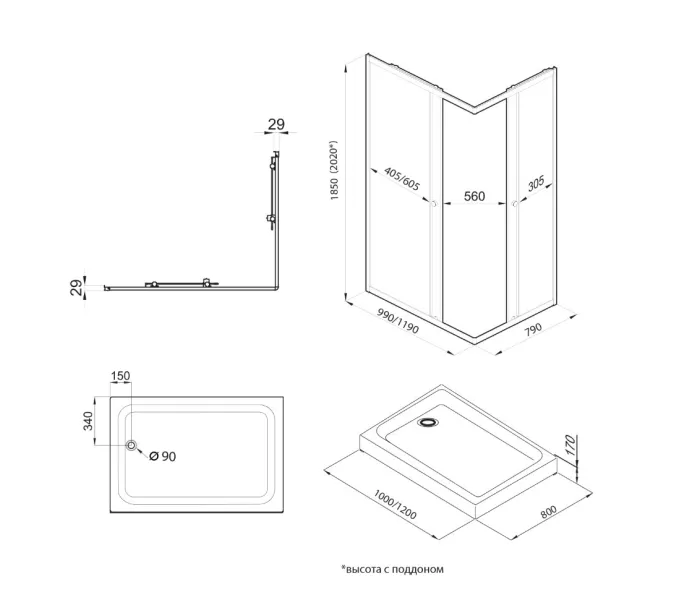 Душевое ограждение Triton "ВЕНТА-ХРОМ" , низкий поддон, Цвет стекла: прозрачное, Цвет профиля: Хром, Выбрать размер: 100х80, изображение 8