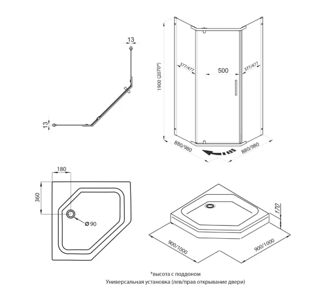 Душевое ограждение  Triton "ДЕКА-ХРОМ", Цвет профиля: Хром, Тип поддона: Низкий, Выбрать размер: 100х100, изображение 4