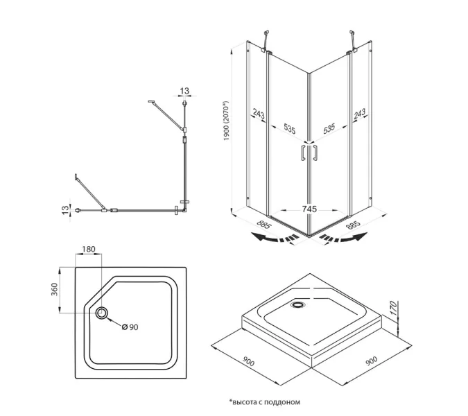 Душевое ограждение Triton "ТАУ-БЛЭК" (низкий  поддон) квадрат 90х90, Цвет профиля: Черный, изображение 5