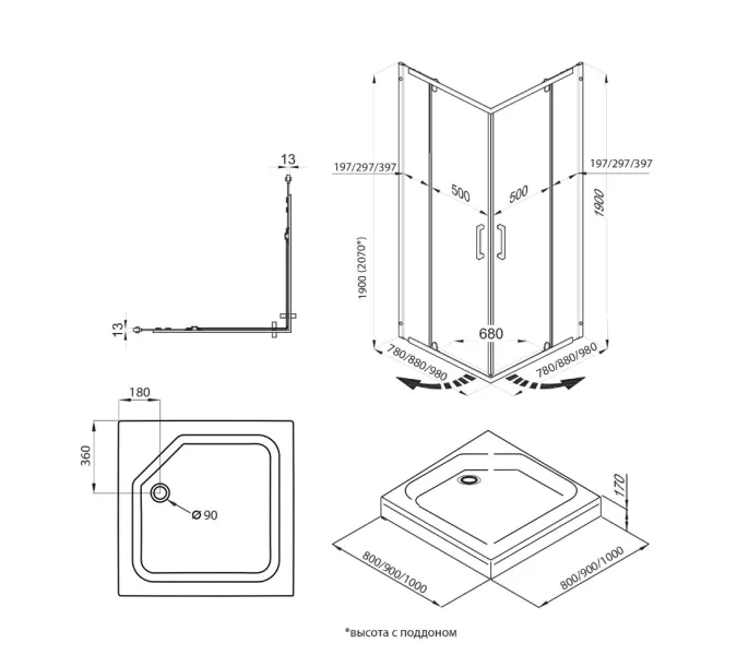 Душевое ограждение Triton "КАППА-ХРОМ" (низкий  поддон) квадрат 90х90, Цвет профиля: Хром, изображение 7