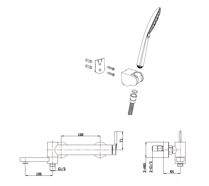 Смеситель для ванны и душа c ручным душем BelBagno ETNA ETN-SET-VDH-IN, изображение 2