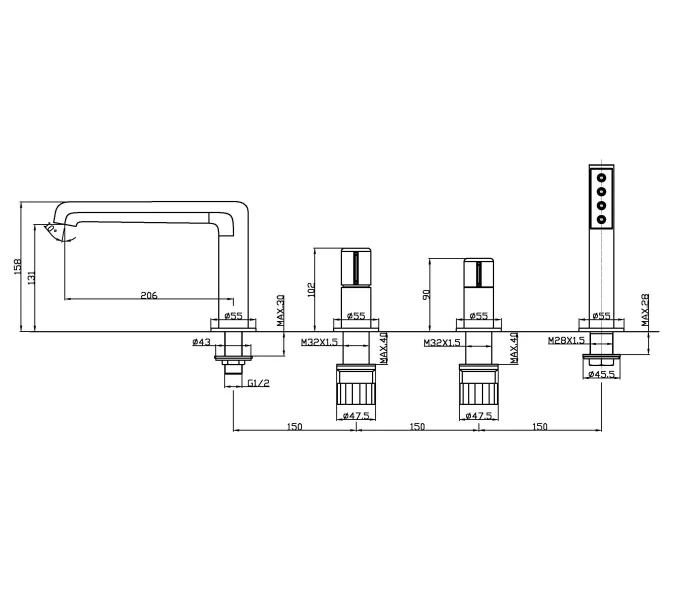Смеситель на борт ванны BelBagno UNO UNO-BVD4-CRM, изображение 2
