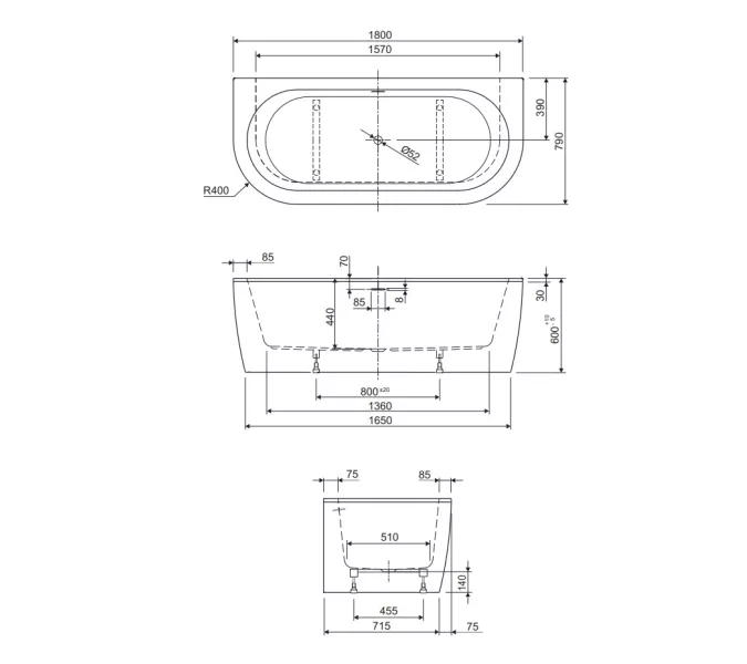 Ванна акриловая CEZARES SLIM WALL-180-80-60-NERO-SET  180х80, Выбрать цвет: Черный матовый, изображение 4