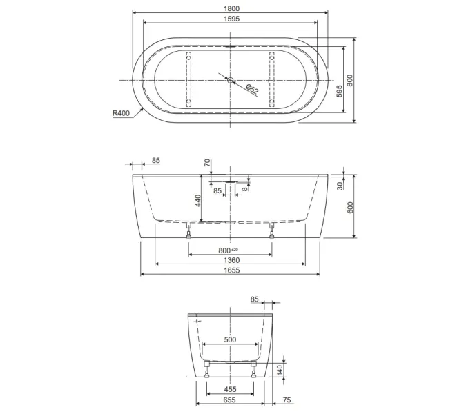 Ванна акриловая  CEZARES SLIM CENTRAL-180-80-60-NERO-SET  180х80, Выбрать цвет: Черный матовый, изображение 3