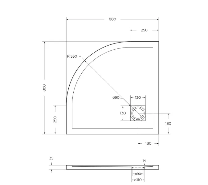 Душевой поддон из искусств.мрамора BelBagno UNO TRAY-MR-UNO-R-80/90-550-35-W-CR в комплекте с сифоном, Высота поддона: 4, Выбрать цвет: Белый, Тип поддона: Низкий, Выбрать размер: 80х80, изображение 7