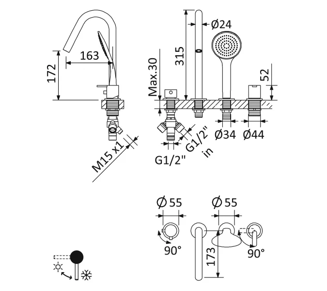 Смеситель на борт ванны CEZARES LEAF-BVDM4-L-01, Выбрать цвет: Хром, изображение 7