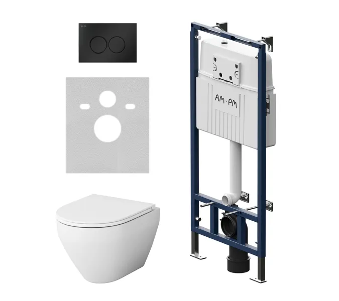 Унитаз подвесной безободковый с инсталляцией AM.PM Spirit 2.0  сиденьем микролифт, черной механ. клавишей