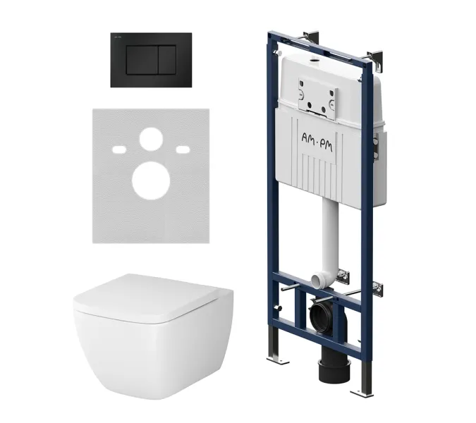 Унитаз подвесной безободковый с инсталляцией AM.PM Gem сиденьем микролифт, черной механ. клавишей