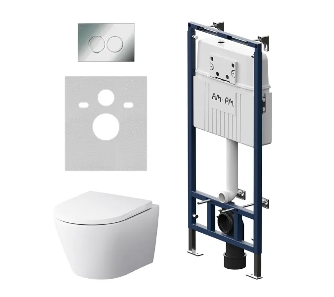 Унитаз подвесной безободковый с инсталляцией AM.PM Sense сиденьем микролифт, хром механ. клавишей