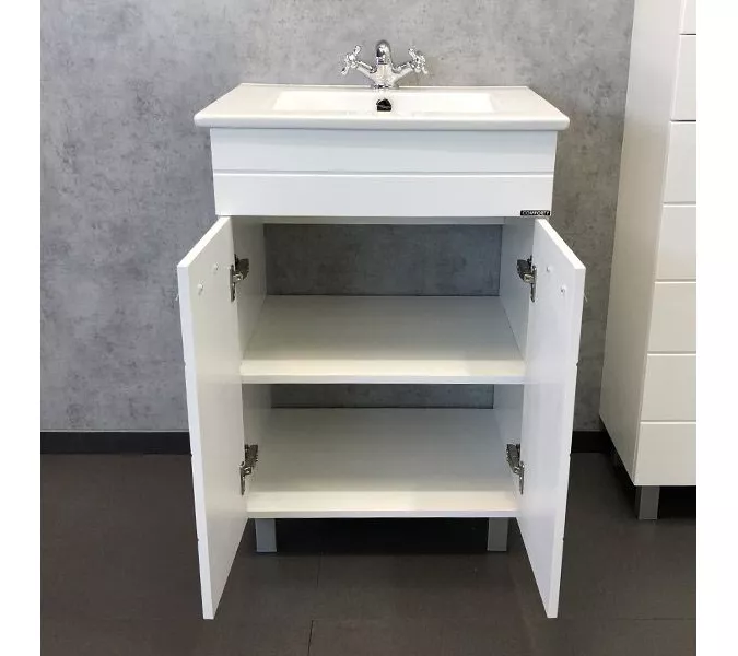 COMFORTY. Тумба-умывальник "Модена М-60/75/90" белая матовая  с раковиной Quadro, Выбрать размер: 60, Выбрать цвет: Белый глянец, Комплектация: раковина Quadro 60, изображение 2