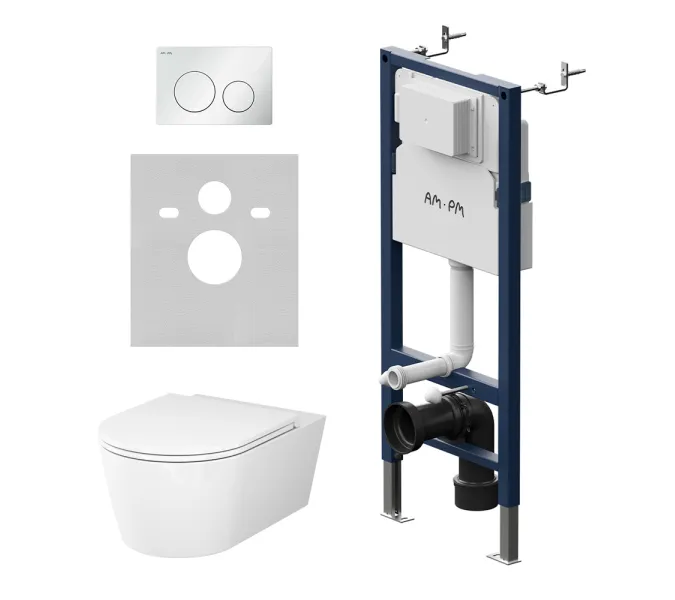 Унитаз подвесной безободковый с инсталляцией AM.PM Func  сиденьем микролифт, белой механ. клавишей