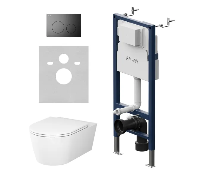 Унитаз подвесной безободковый с инсталляцией AM.PM Func  сиденьем микролифт, черной механ. клавишей