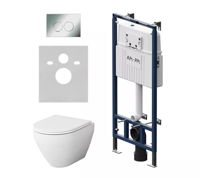 Унитаз подвесной безободковый с инсталляцией AM.PM Spirit 2.0  сиденьем микролифт, хром механ. клавишей