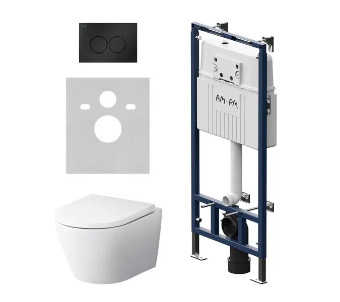 Унитаз подвесной безободковый с инсталляцией AM.PM Sense сиденьем микролифт, черной механ. клавишей