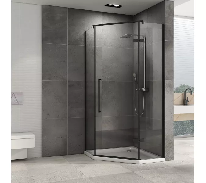 Душевой уголок ABBER Ewiges Wasser  трапеция , прозрачное /черный, Цвет стекла: прозрачное, Цвет профиля: Черный, Выбрать размер: 80х80