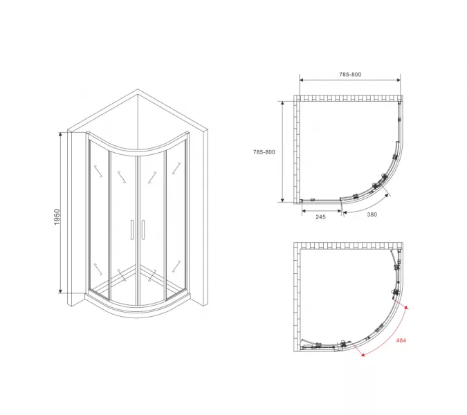 Душевой уголок ABBER Schwarzer Diamant трапеция, прозрачное / хром, Цвет стекла: прозрачное, Цвет профиля: Хром, Выбрать размер: 80х80, изображение 5